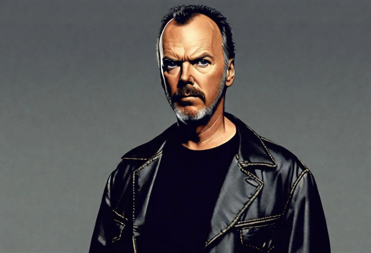 michael keaton as a moody, retired batman. He wears a black t-shirt and jeans. He's in his 60's. Scruffy beards.