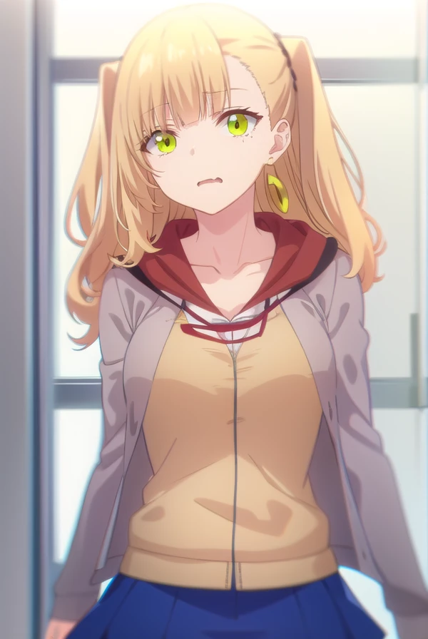mikenekotani, <lora:mike nekotani s1-lora-nochekaiser:1>,
mike nekotani, long hair, bangs, blonde hair, (green eyes:1.3), fang, two side up,
BREAK skirt, jewelry, jacket, earrings, open clothes, hood, miniskirt, black skirt, blue skirt, hoodie, cardigan, open cardigan,
BREAK indoors, classroom,
BREAK looking at viewer,
BREAK <lyco:GoodHands-beta2:1>, (masterpiece:1.2), best quality, high resolution, unity 8k wallpaper, (illustration:0.8), (beautiful detailed eyes:1.6), extremely detailed face, perfect lighting, extremely detailed CG, (perfect hands, perfect anatomy),