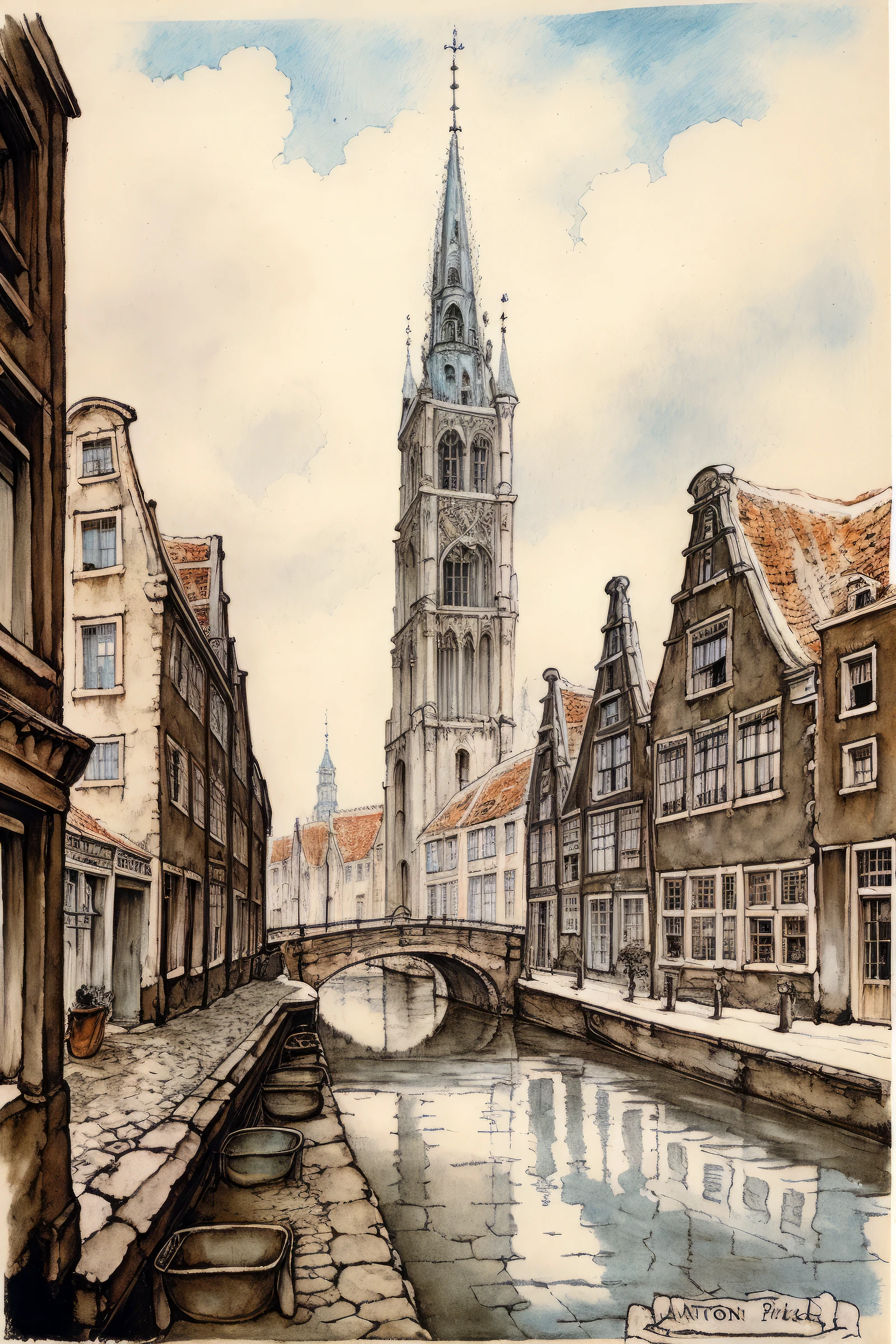 anton pieck style, scenery, no humans, tree, traditional media, building, bridge, dated, lamppost, outdoors, water, painting (medium), signature, city, <lora:Anton_Pieck_Style:1>