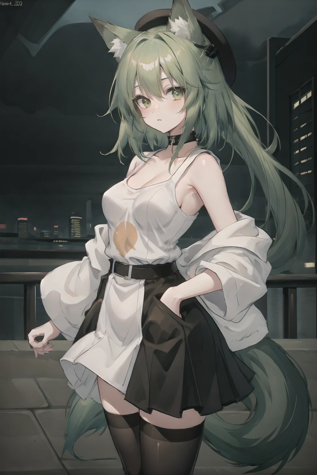 anime girl,fox ears, fox tail 20 years old, beautiful, perfect, lovely, short green hair, green eyes, small breasts, white T-shirt, black skirt, black tights, panama hat, standing on the street, hands in pockets, modern city, skyscrapers, reflections, night, neon <<lora:Barteli_Style:0.4>