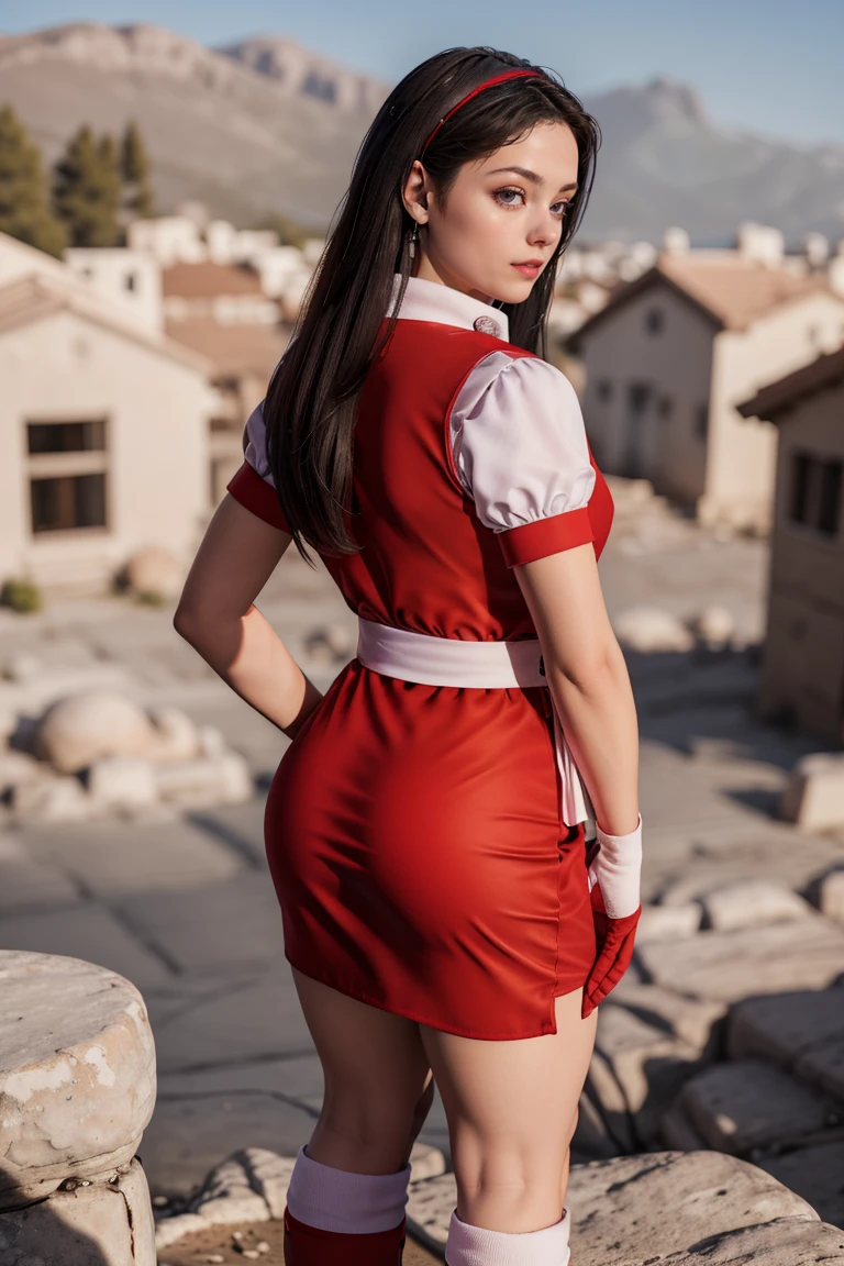 (masterpiece,  best quality:1.2), AthenaKOF96,  1girl,  turtleneck,  balls necklace,  fingerless gloves,  red dress,  short sleeves,  puff sleeves,  belt,  socks,  boots medium shot,  view from behind,  looking to viewer,  looking over shoulder,  perfect face,  perfect picture,  detailed eyes,  sharp focus,  full body, Blender, Apple_butt,<lora:EMS-8037-EMS:0.500000>,<lora:EMS-250988-EMS:1.000000>