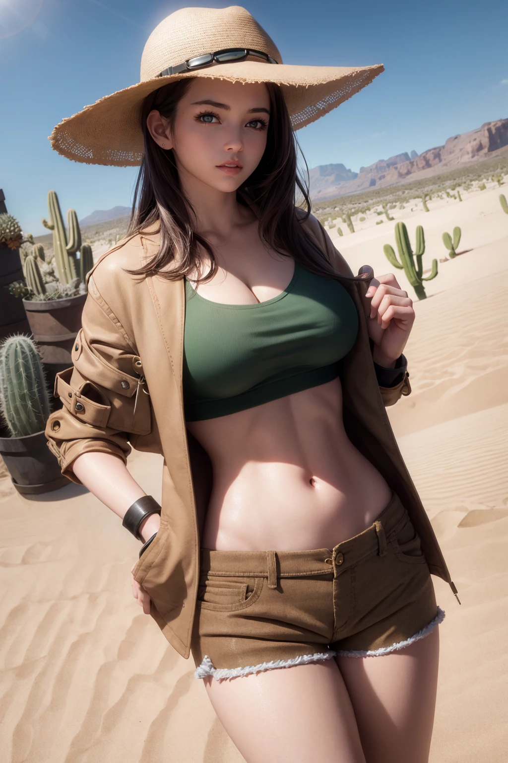 (masterpiece:1.2), (best quality:1.2), 1girl, <lora:SafariCaitlyn:1>, SafariCaitlyn, ((green crop top)), ((brown shorts)), brown jacket, brown hair, long hair, hat, fingerless gloves, cleavage, navel, in a desert, sand, cactus