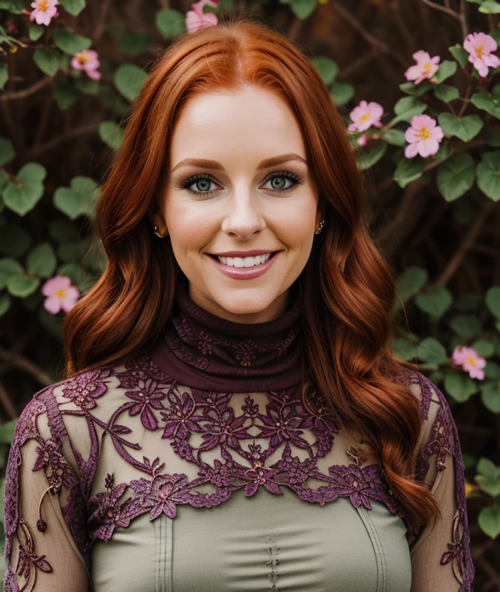 j3nm0,  smile, nature, breast, Turtleneck, lace, intricate, Colorful flowers, ((close portrait))