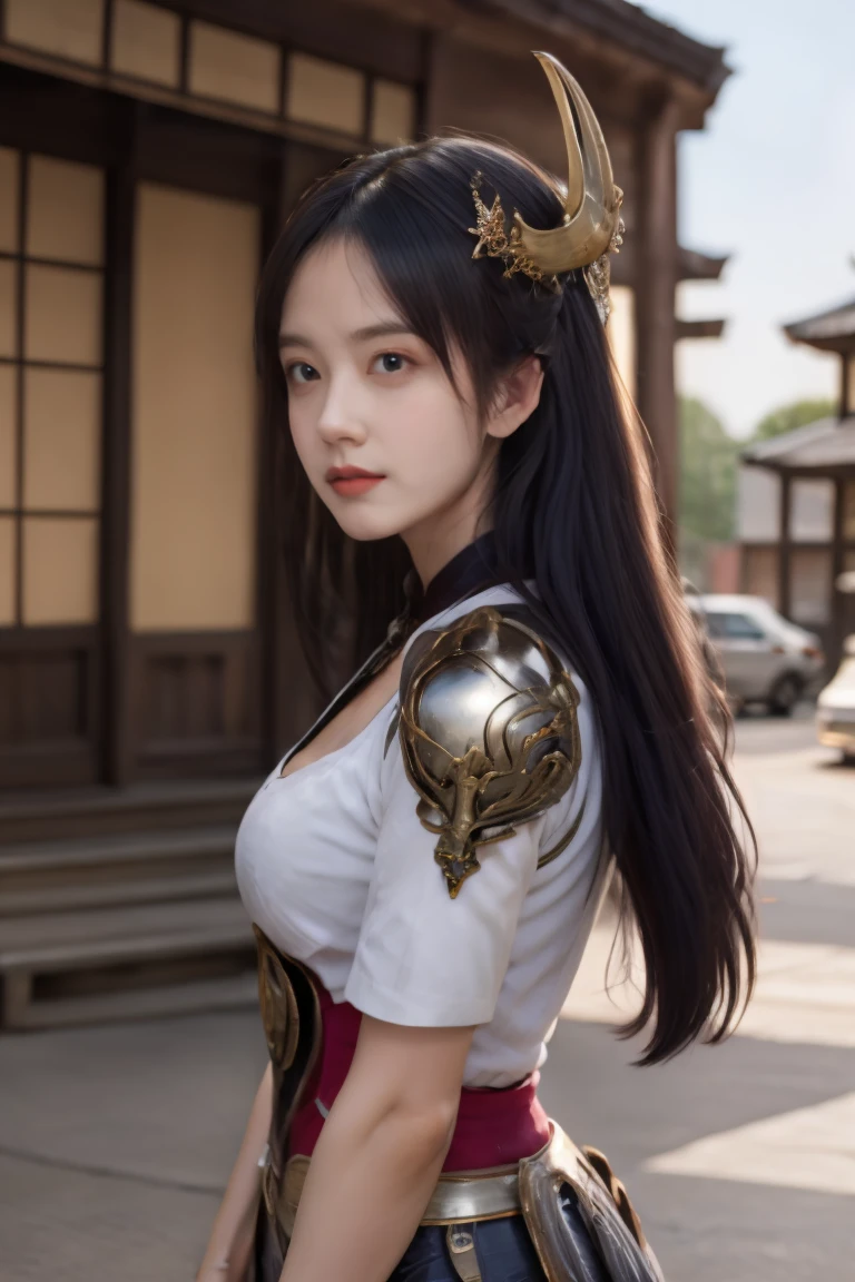 masterpiece, best quality,realistic,1girl,raiden boss,solo,breasts,outdoors,black hair,blurry background,hair ornament,long hair,blurry,armor,looking at viewer,cleavage,bangs,medium breasts,standing,day,realistic,jewelry,
<lora:raidenboss:0.6>,