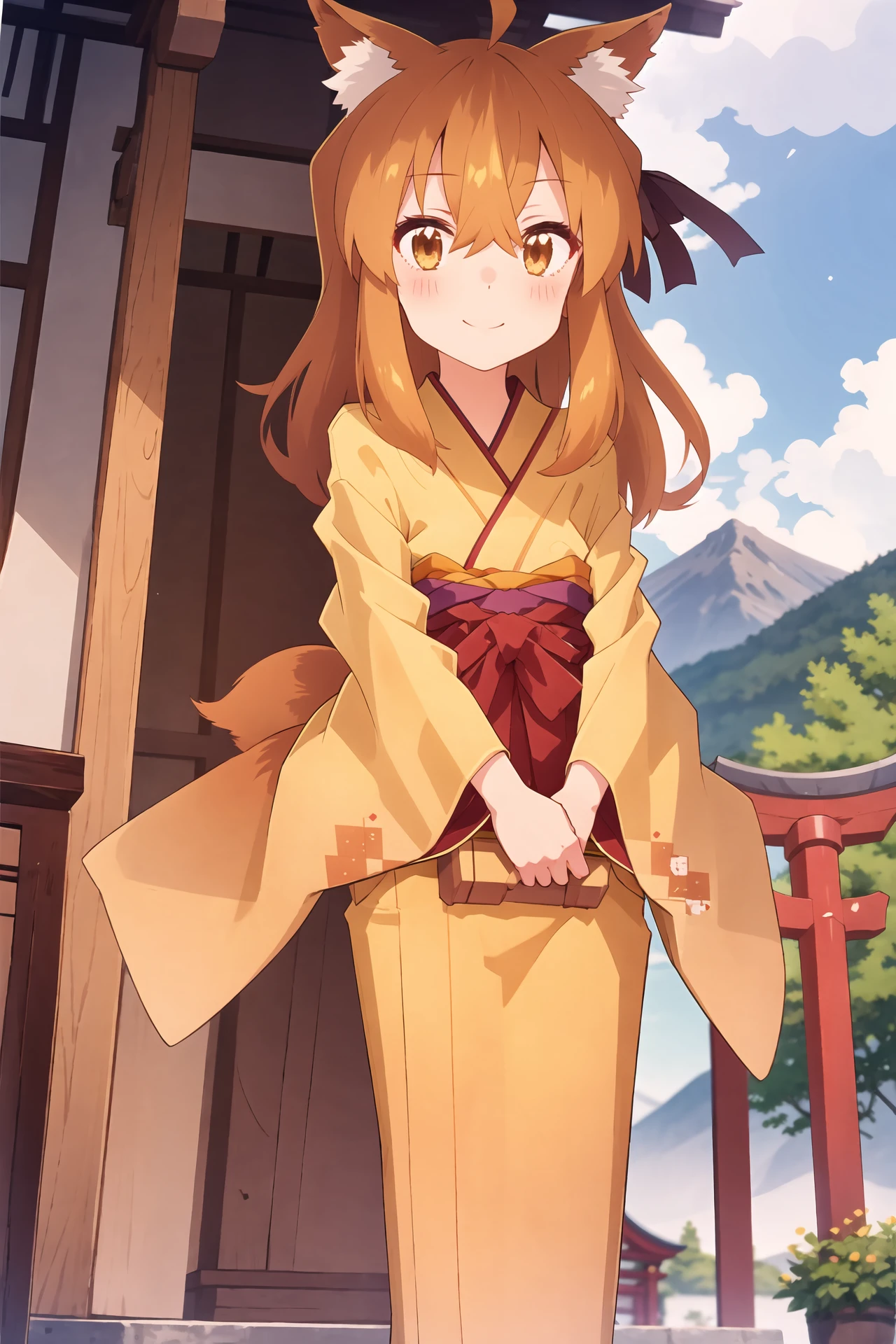 Masterpiece, best quality, perfect lighting, 1girl, solo, suzu, fox ears, fox tail, brown eyes, orange-brown hair, yellow miko kimono, standing, medium hair, ahoge, hair between eyes, outside, mountains, shrine, smile, front view, <lora:SuzuFix-4.0:0.75>