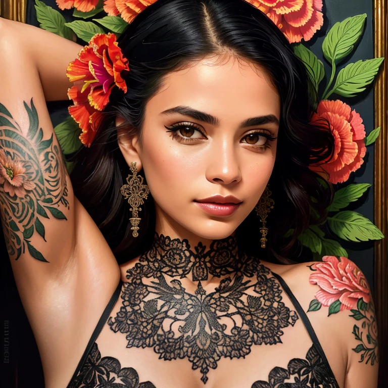 tattoo, Magnetic, a stock photo, a Brazilian woman named Lola, carnation, detailed background, ((masterpiece, high quality, highly detailed, intricate detail))