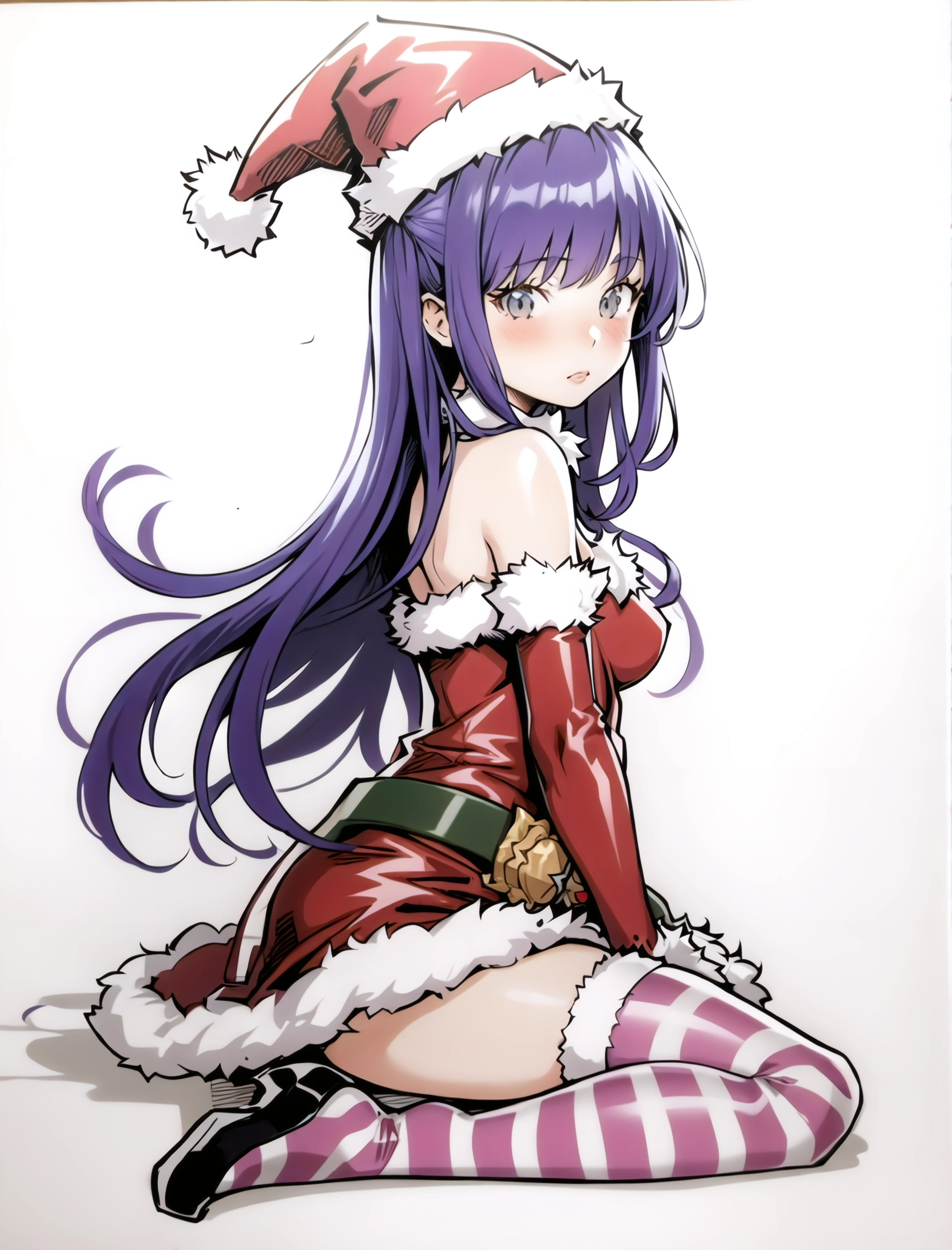 merry christmas, christmas outfit, 1girl, thighhighs, hat, long hair, 1boy, purple hair, looking at viewer, sitting, traditional media, detached sleeves, blush, bare shoulders, striped, breasts, fur trim, dress, belt, wariza, grey eyes, strapless, from side, <lora:eisu_2-000032:1>
