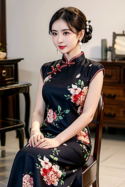 (masterpiece:1.2), best quality, masterpiece, highres, original,perfect light, 4k,8k,1girl, 3d, black hair, chair, china dress, chinese clothes, depth of field, dress, earrings, floral print, indoors, jewelry, makeup, own hands together, photorealistic, print dress, solo,<lora:æè¢:0.7>