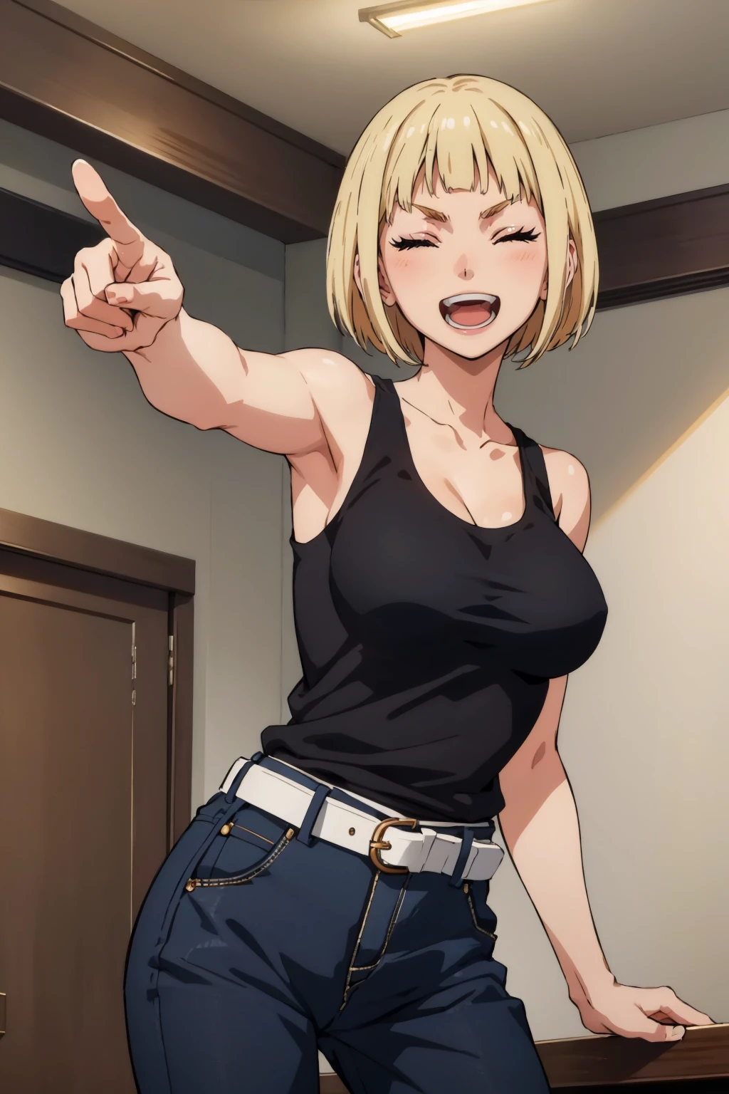 masterpiece, best quality, <lora:tanakasaeko-nvwls-v1-000009:0.8> tanaka saeko, black tank top , belt, white pants, large breasts, looking at viewer, closed eyes, laughing, :D, indoors, pointing at viewer