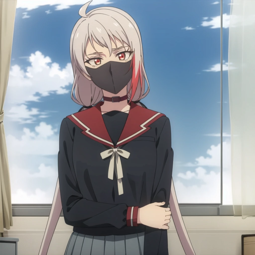 <lora:kousetsu:0.8> kousetsu, 1girl, solo, long hair, skirt, shirt, long sleeves, twintails, school uniform, ahoge, grey hair, red hair, multicolored hair, pleated skirt, sky, serafuku, choker, cloud, indoors, virtual youtuber, sailor collar, streaked hair, looking to the side, black shirt, window, mask, low twintails, mouth mask