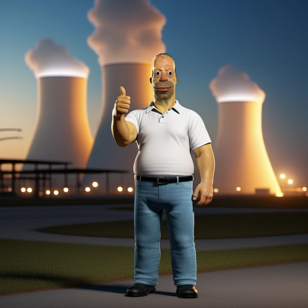 Homer1024, a man with a white shirt and a jean pants, stand in front of a nuclear plant, thumbs up, highly detailed, photography, ultra sharp, film, bokeh, professional, 64k <lora:Homer1024:0.8>