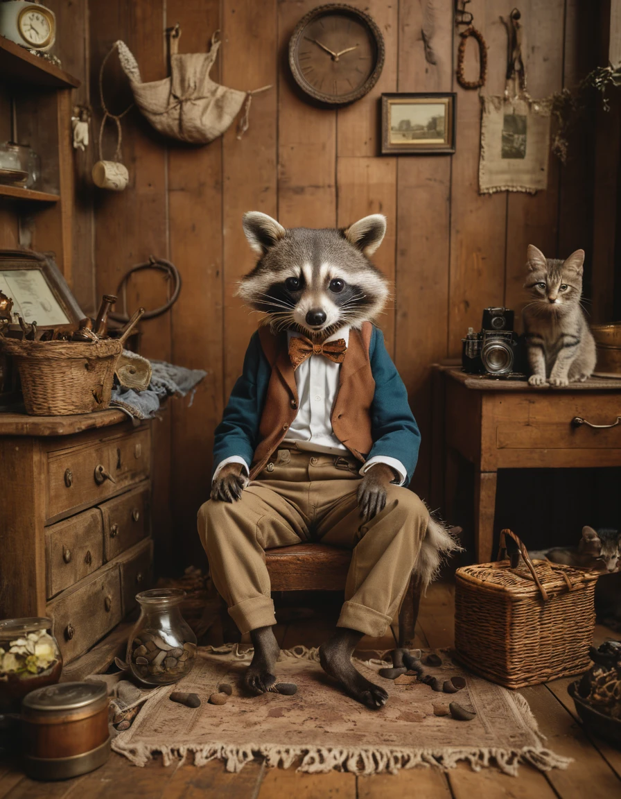 Anthropomorphic raccoon (bohemian attire:1.2), with (goggles on forehead:1.1), (smoking a pipe:1.3), in a (cluttered wooden room:1.1), surrounded by (lazing cats:1.2), (scattered coins and trinkets:1.1), (relaxed demeanor:1.2), (indoor lighting:1.1), (comic style illustration:1.3), (satirical undertone:1.2), (muted color scheme:1.1), Adobe Photoshop illustration, narrative richness, detailed character design,