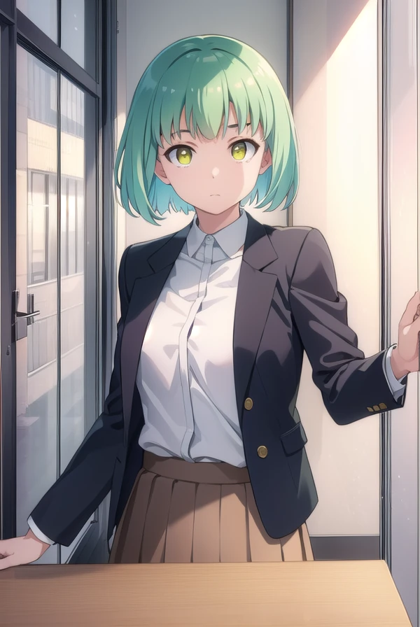 yukikusakabe, <lora:yuki kusakabe s1-lora-nochekaiser:1>,
yuki kusakabe, short hair, (yellow eyes:1.2), green hair,
BREAK skirt, shirt, school uniform, white shirt, pleated skirt, brown skirt,
BREAK indoors, classroom,
BREAK looking at viewer,
BREAK <lyco:GoodHands-beta2:1>, (masterpiece:1.2), best quality, high resolution, unity 8k wallpaper, (illustration:0.8), (beautiful detailed eyes:1.6), extremely detailed face, perfect lighting, extremely detailed CG, (perfect hands, perfect anatomy),