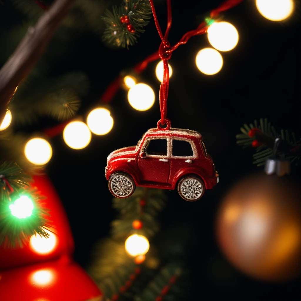 closeup photo of hanging from a christmas tree a small toy red car , christmas lights, depth of field,pine branches with christmas garlands
