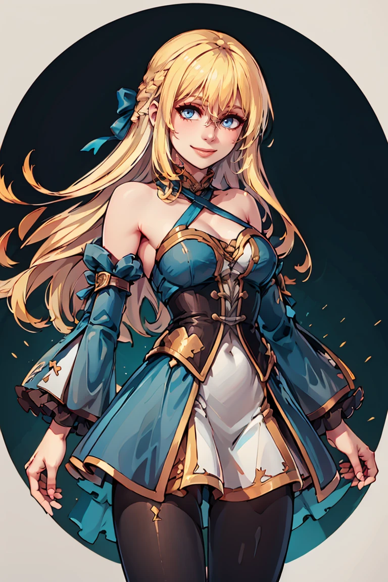 ((masterpiece,best quality)), absurdres,
<lora:Marina_Lucce_Maxetto_OC:0.8>, Marina_Lucce_Maxetto_OC, 1girl, solo, blonde, very long hair, french braid,
blue hair ribbon, frilled choker, criss-cross halter, sleeveless dress, high-waist skirt, blue backless dress, waist bow, detached sleeves, frilled sleeves, wide sleeves, pantyhose,
solo, smiling, looking at viewer, cowboy shot,
hand on hip,