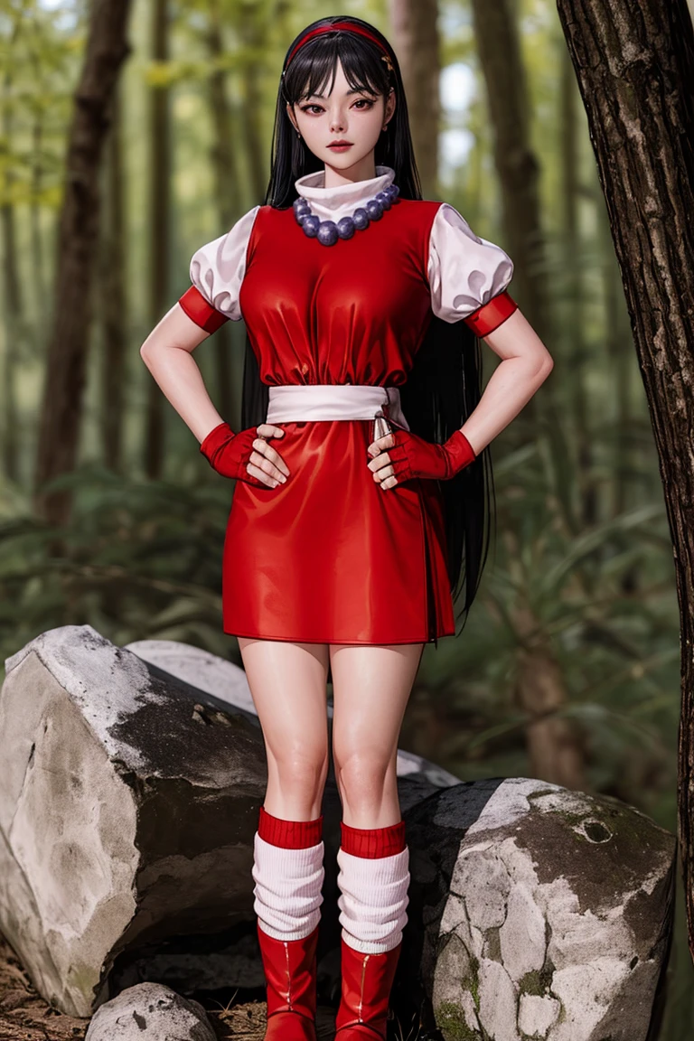 (masterpiece,  best quality:1.2),  AthenaKOF96,  1girl,  turtleneck,  balls necklace,  fingerless gloves,  red dress,  short sleeves,  puff sleeves,  belt,  socks,  boots,  hands on hips,  ,  at the forest,  perfect face,  perfect picture,  detailed eyes,  sharp focus,<lora:EMS-250988-EMS:0.950000>