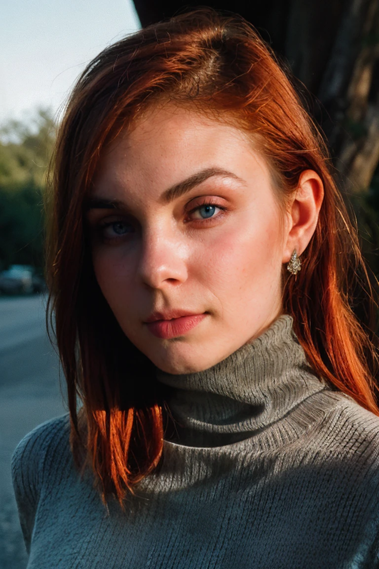 RAW, <lora:EvyDodl_M:0.75> evydodl, 1girl, red hair, blue eyes, nature, outdoor, Spectacular light, ((Jacquard Turtleneck Jumper)), Colorful flowering, Photorealistic, Hyperrealistic, Hyperdetailed, analog style, detailed skin, matte skin, soft lighting, subsurface scattering, realistic, heavy shadow, masterpiece, best quality, ultra realistic, 8k, golden ratio, Intricate, goosebumps, High Detail, (atmospheric lighting), kodakvision color, shot on Arricam LT Camera, bokeh, sharp focus on the subject, shot by Nick Brandt<lora:lcm-lora-sdv1-5:1.0><lora:lcm-lora-sdv1-5:1.0>