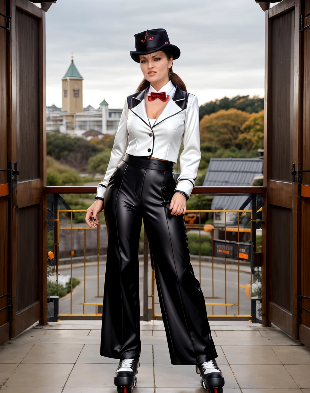 cinematic photo , realistic, style raw, <lora:quiron_JanineLindemulder_v2_lora:0.67> JanineLindemulderQuiron woman Dressed in the (style of Manga-style Cartographer stylish outfit Stylish Beige Halloween costume) (with Mystical Spring in the background ), Sitting, pretending to hold a teddy bear's tea party, . 35mm photograph, film, bokeh, professional, 4k, highly detailed, realistic, a woman Rollerblading wearing Blazer and Wide-leg pants: Loose-fitting pants with a wide leg opening, offering a relaxed and flowy silhouette.,