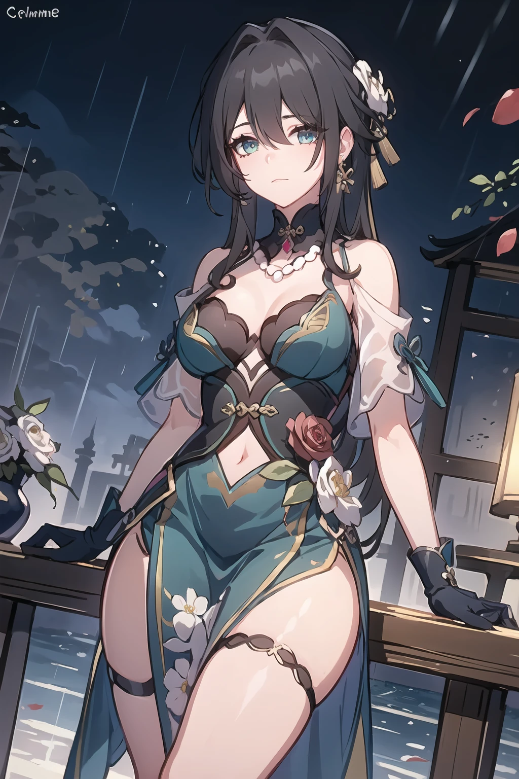 masterpiece,best quality,detialed,
ruanmei,ruanmei_official,chinese dress,breasts,long hair,hair between eyes,black hair,bangs,medium breasts,cleavage,hair ornament,thigh strap,white flower,beads,gloves,jewelry,flower,dress,earrings,bare shoulders,blue dress,hair intakes,ruby necklace,black choker,
green eyes,blue eyes,
<lora:é®æ¢-0.8-éè¾°åä¸:0.8>,
1girl,lakeside,viewfinder,:),lower body,rose petals,rainy days,