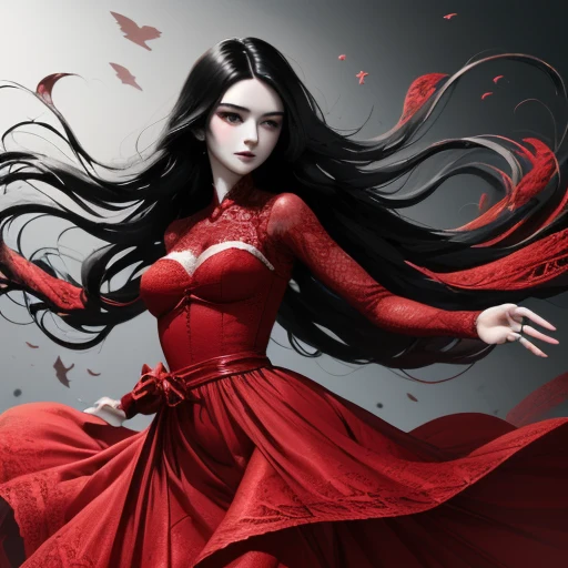 <lora:é¿å飿¬:1>,a best beauty black long hair wears red lace dress long hair flying,absurdres,