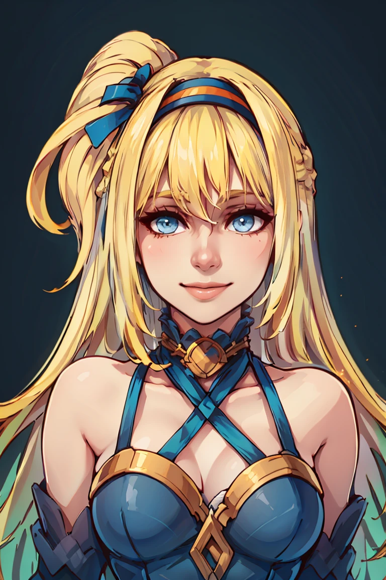 ((masterpiece,best quality)), absurdres,
<lora:Marina_Lucce_Maxetto_OC:0.8>, Marina_Lucce_Maxetto_OC, 1girl, solo, blonde, very long hair, french braid,
looking at viewer, smile, dress, ribbon, bare shoulders, hair ribbon, upper body, hairband, choker, gradient, gradient background, blue dress, halterneck, one side up, blue background, blue hairband, blue choker