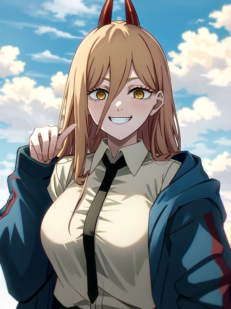 Power \(chainsaw man\), long hair, cloud, looking at viewer, demon horns, blue sky, day, outdoors, yellow eyes, hood, blonde hair, anime coloring, red horns, cloudy sky, jacket,csm anime style, <lora:Power:1> <lora:csm_anime_style_offset:1>, intricate details, masterpiece, grin