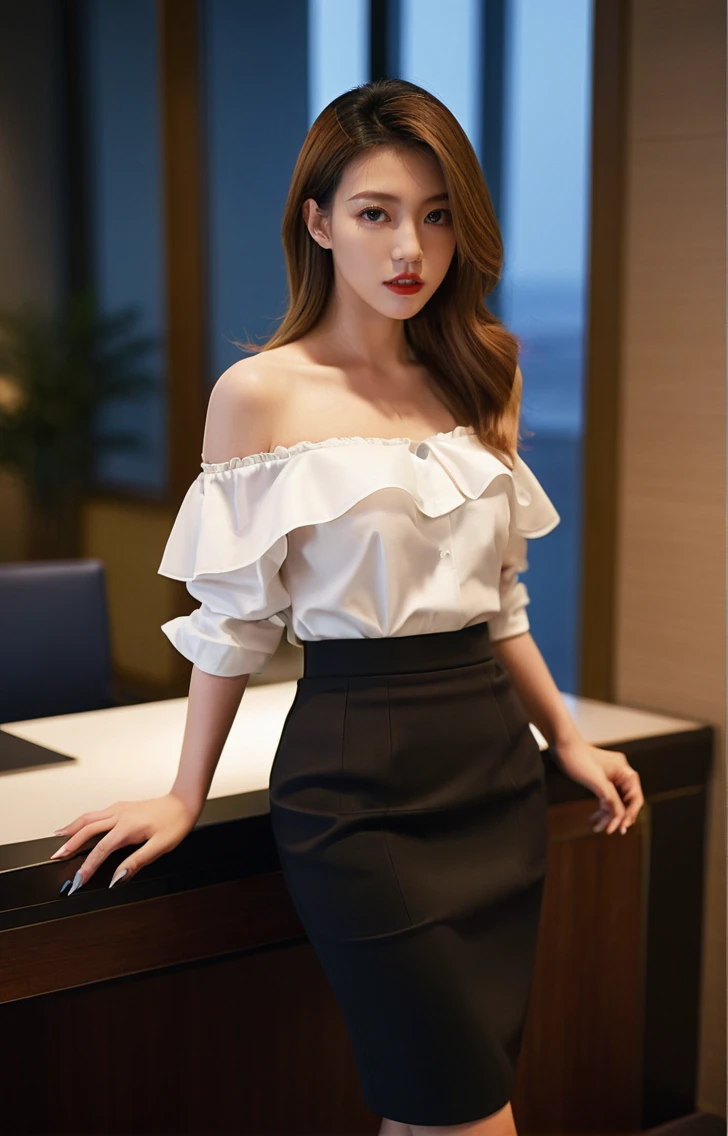 cinematic photo of (masterpiece,best quality,ultra high res:1.1),exquisite face,skin texture,face_focus,(photo-realistic:1.1),
1girl,20yo,side_light,
<lora:EasyFix>,(overfit style:1.3),<lora:fengmumu_XL_0_:1>,fengmumu,character portrait,office lady,(Off-the-shoulder_blouse:1.5),(Pencil_skirt:1.4),(Pointed-toe_pumps:1.3),, 35mm photograph, film, bokeh, professional, 4k, highly detailed