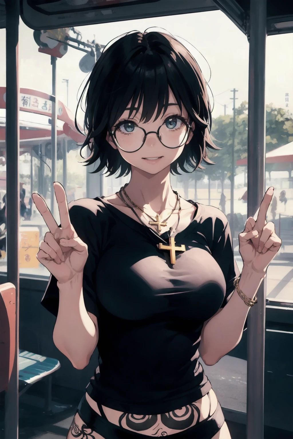 masterpiece,best quality, Amazing, finely detail, 1girls, EPShizuku, solo, round_eyewear, medium_breasts, looking at viewer,upper body, tattoo, inverted_cross, necklace, <lora:EPShizuku-10:0.7>, 
BREAK
[patterns, bus stop, evening, index finger raised, happy|omake, amusement park, carousel, ferris wheel, day, paw pose, aqua bikini, fishnets, spellbook, laughing]