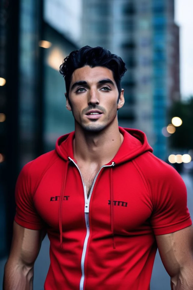 Mathieu Demy a man <lora:Taylor-Zakhar-Perez_Mathieu-Demy:0.9>, realistic photo in a worn ((skin-revealing skimpy erotic red tracksuit, massive hairy pecs)), big pecs, big arms, bulge, VPL, ((light bokeh)), intricate, (steel metal [rust]), elegant, erotic, exuding sexual energy, homoerotic, sharp focus, photo by greg rutkowski, soft lighting, vibrant colors, (masterpiece), ((streets)), (detailed face), looking at viewer, light smile, night, walking towards viewer, cinematic lighting, beautiful lighting, cinematic lighting, (hazy filter, film grain:1.2)