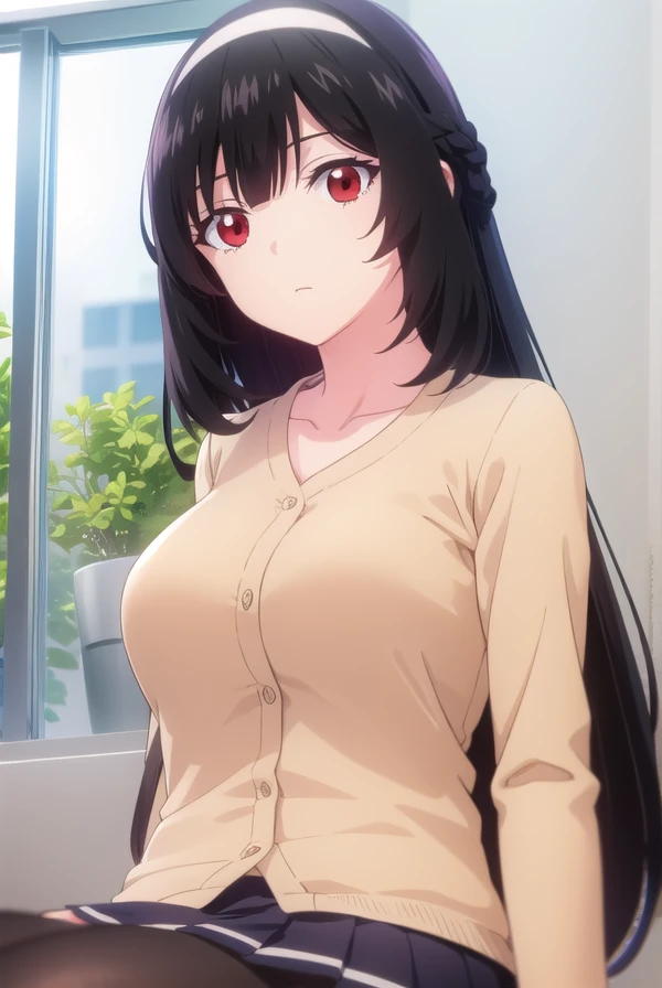 kareninukai, <lora:karen inukai s1-lora-nochekaiser:1>,
karen inukai, long hair, black hair, (red eyes:1.3),
BREAK skirt, school uniform, pleated skirt, hairband, black pantyhose, cardigan, white hairband,
BREAK indoors, classroom,
BREAK looking at viewer,
BREAK <lyco:GoodHands-beta2:1>, (masterpiece:1.2), best quality, high resolution, unity 8k wallpaper, (illustration:0.8), (beautiful detailed eyes:1.6), extremely detailed face, perfect lighting, extremely detailed CG, (perfect hands, perfect anatomy),