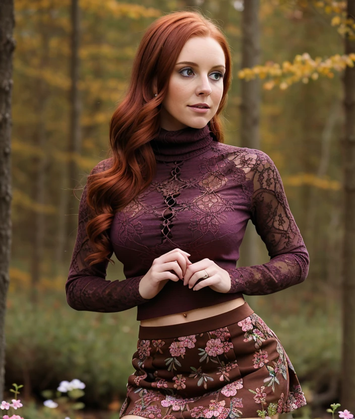 j3nm0, nature, Turtleneck, lace, intricate, Colorful flowers, Brown red hair, breast, Mini skirt, upper body, woman