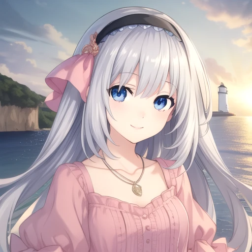 ((masterpiece)),(best quality),official art,extremely detailed CG,unity 8k wallpaper,ultra detailed,A lighthouse on a cliff by the sea,1girl,solo,upper body,(portrait:1.2),looking at viewer,arusu maria,pink dress,necklace,black thighhighs,blue eyes,hairband,long hair,silver hair,smile,<lora:Arusu Maria(dal)>,<lora:TSNeptunia-000045:0.5>,