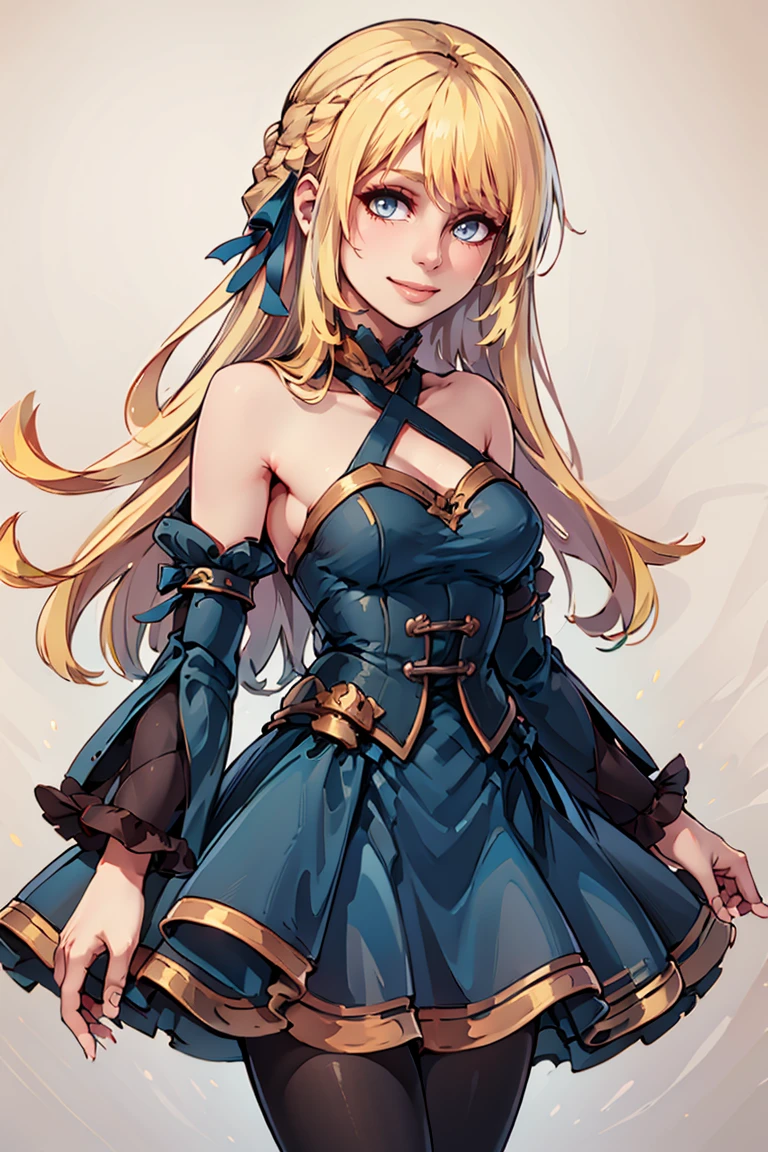 ((masterpiece,best quality)), absurdres,
<lora:Marina_Lucce_Maxetto_OC:0.8>, Marina_Lucce_Maxetto_OC, 1girl, solo, blonde, very long hair, french braid,
hair ribbon, frilled choker, criss-cross halter, sleeveless dress, high-waist skirt, backless dress, waist bow, detached sleeves, frilled sleeves, wide sleeves, pantyhose,
solo, smiling, looking at viewer, cowboy shot,
side view, head tilt,