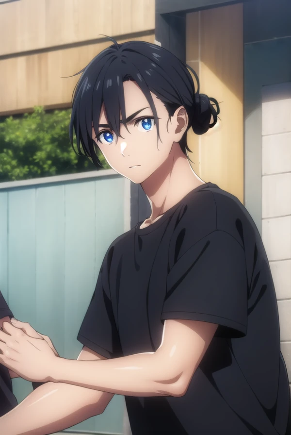shinpeiajiro, <lora:shinpei ajiro s1-lora-nochekaiser:1>,
shinpei ajiro, black hair, hair between eyes, male focus, blue eyes,
BREAK short sleeves, pants, black shirt, t-shirt,
BREAK outdoors,
BREAK looking at viewer,
BREAK <lyco:GoodHands-beta2:1>, (masterpiece:1.2), best quality, high resolution, unity 8k wallpaper, (illustration:0.8), (beautiful detailed eyes:1.6), extremely detailed face, perfect lighting, extremely detailed CG, (perfect hands, perfect anatomy),