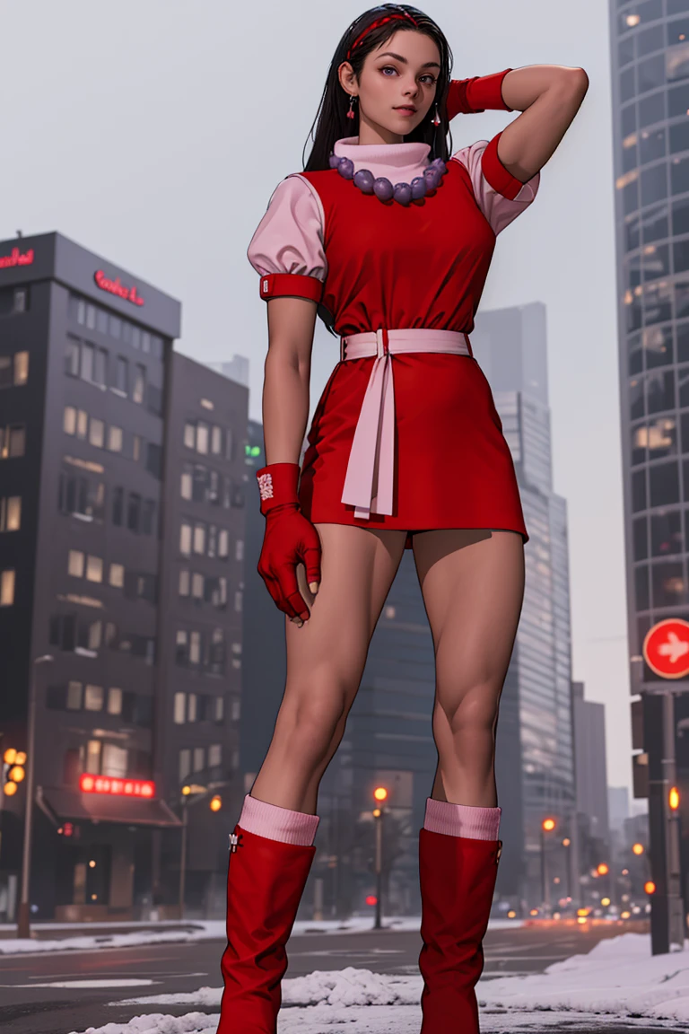 (masterpiece,  best quality:1.2), AthenaKOF96,  1girl,  turtleneck,  balls necklace,  fingerless gloves,  red dress,  short sleeves,  puff sleeves,  belt,  socks,  boots,  sleeves , ball belt,  pink pants,  medium shot,  night at city,  flexing,  perfect face,  perfect picture,  detailed eyes,  sharp focus,  full body, Blender,<lora:EMS-250988-EMS:1.000000>