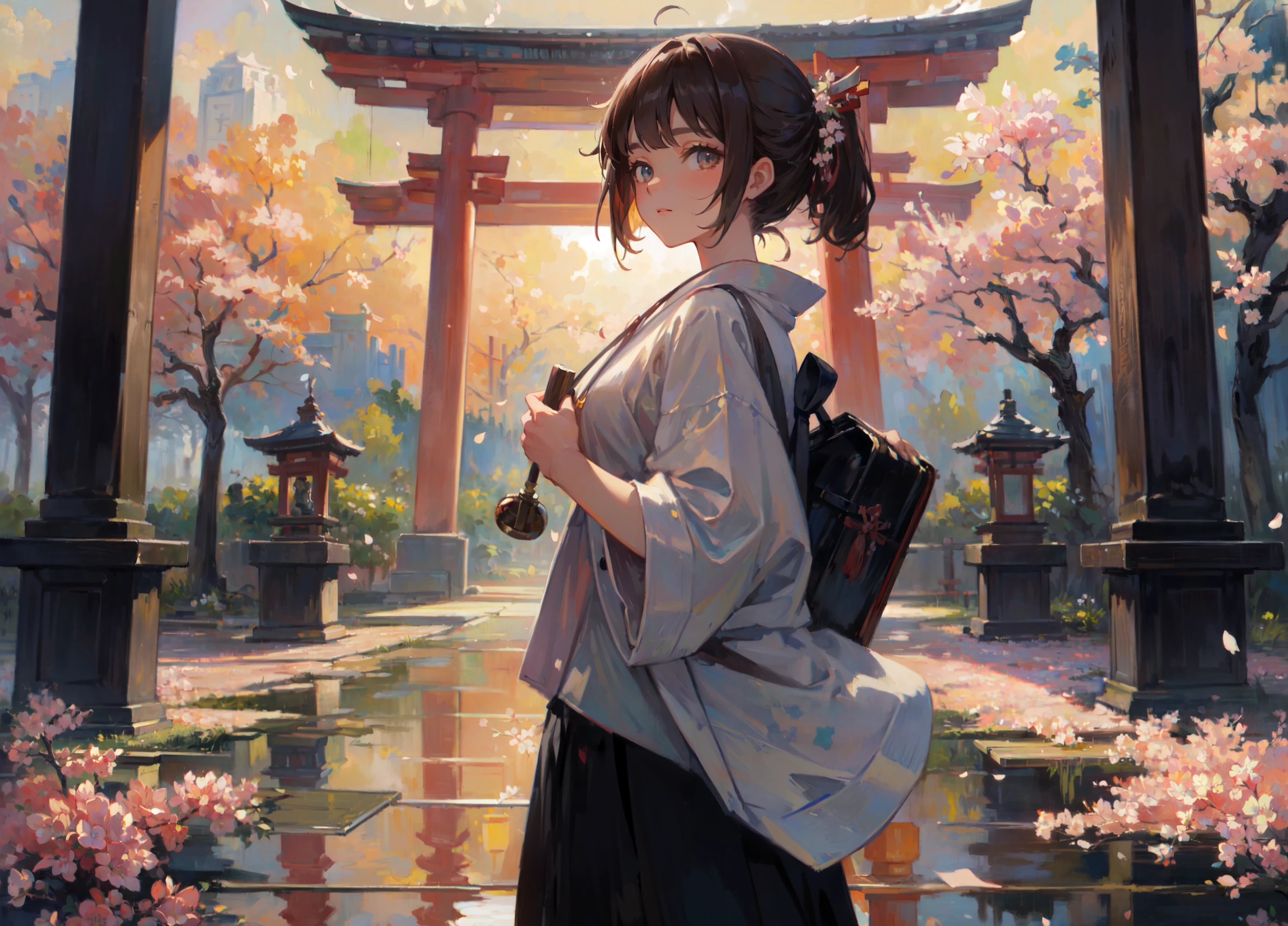 (masterpiece, best quality, ultra detailed, beautiful illustration), (oil painting:1.4, impressionism:1.4), atmospheric perspective, (tranquil atmosphere, elaborate atmosphere:1.4), depth of field, looking at viewer, a japanese shrine in spring with cherry blossoms, torii gate,