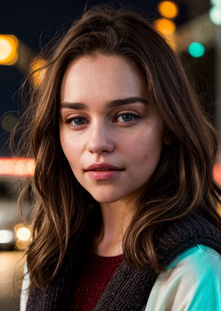 <lora:emlclrk2-24:1> a photo of emlclrk2, wearing sweater,brown hair,long wavy hair,extreme close-up,city street,night,neon lights,masterpiece,highly detailed,8k,bokeh,extreme dof,soft lighting <lora:add_detail:1> (add_detail:1.3)