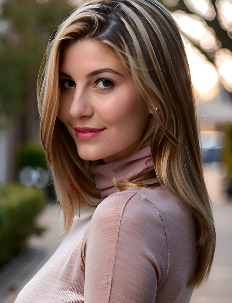 amberh professional portrait of 1girl in a white linen turtleneck, heavy makeup, pink lips, eyeliner, long wavy hair, blonde highlights, youthful, shiny face, skin details, looking at sky, open mouth, happy, smiling,  lips parted ((magic hour bokeh background)), sharp focus
