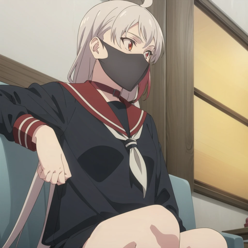 <lora:kousetsu:0.8> kousetsu, 1girl, solo, long hair, bangs, skirt, shirt, long sleeves, sitting, school uniform, ahoge, grey hair, multicolored hair, serafuku, choker, indoors, sailor collar, mask, mouth mask, red sailor collar
