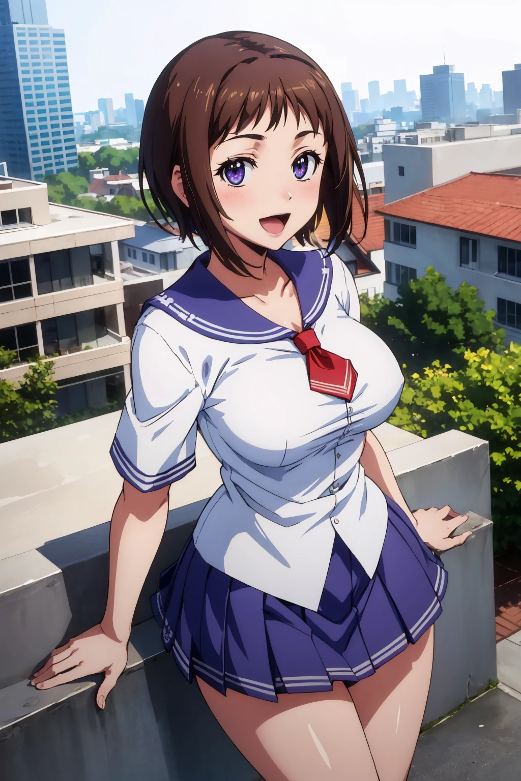 masterpiece, best quality, <lora:wakanaui-nvwls-v1-000010:0.8> wakana ui, serafuku, white shirt, short sleeves, blue skirt, large breasts, cowboy shot, :D, looking at viewer, from above, city, park