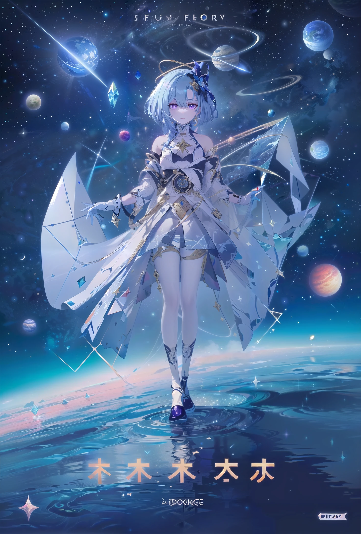 simple_white_background, golden and white theme, Sense of coordination, sense of order, mathematics beauty, (((cover design))), (((((cover art))))), ((trim)), album_art, official art, (Master's work), full body, ( (closeup:1.2), (1girl:1.2),solo:1.2), looking at viewer,
<lora:dagelei-v100:0.8:lbw=OUTALL>, dglx, 1girl, gloves, purple eyes, blue hair, white dress,
Sea of stars, space wonders, planets, white geometry, colorful geometry, reflection, crystal_art, pattern_design, creative, Mystery pattern, colorful crystal decorate, blue crystal, (architectural art), ((geometric art)), pattern design, creative, shine, dream,
fly in sky, Swim in the sea of stars, space,
------,
Low saturation, grand masterpiece, Perfect composition, film light, light art