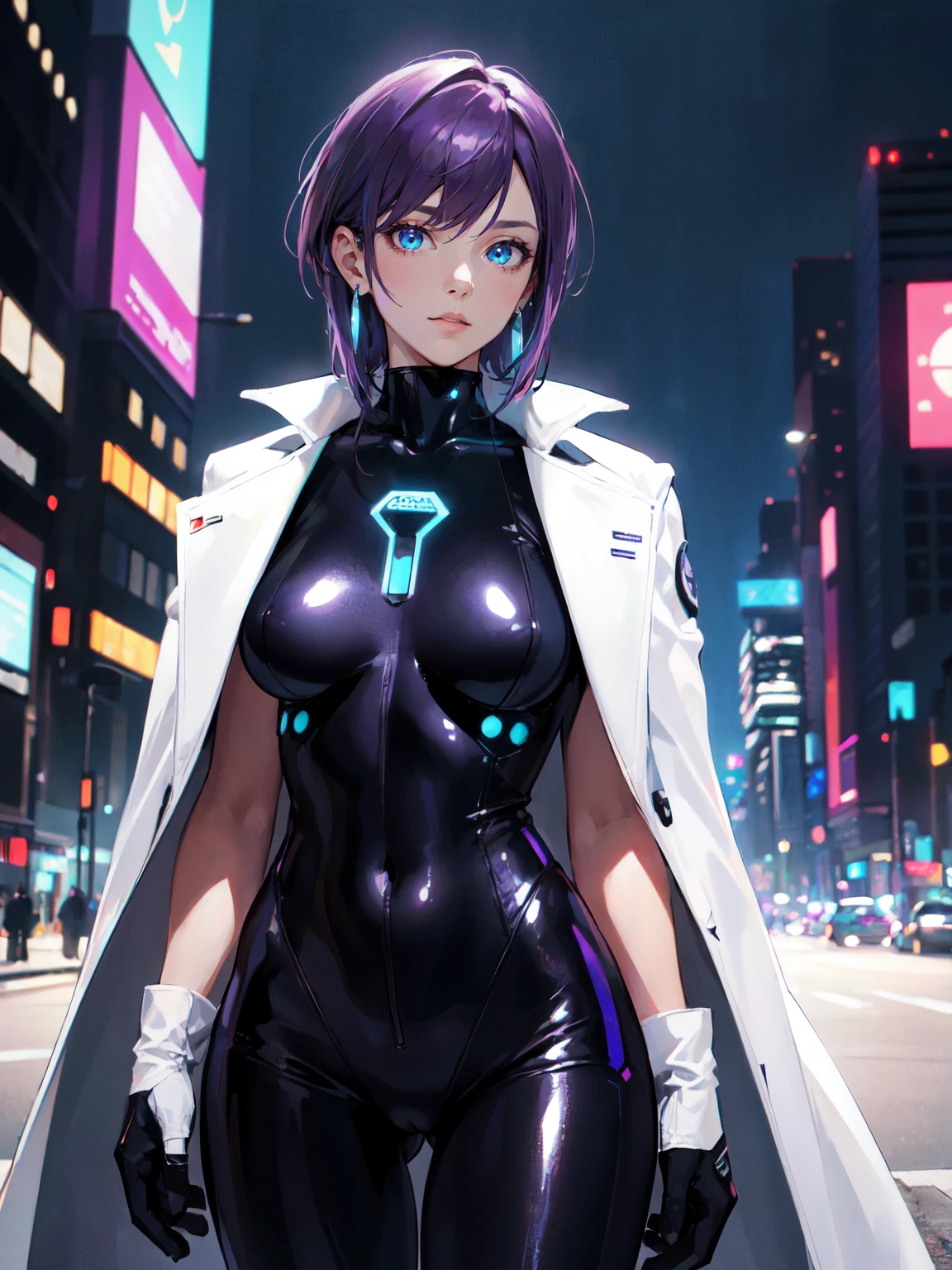 highres,absurdres,masterpiece,best quality, realistic,cowboy shot,
mature female,sharp eyes,short purple hair, aqua eyes,glowing earrings, (black bodysuit,white coat, white gloves),upper body,
cyberpunk city,geometric pattern,