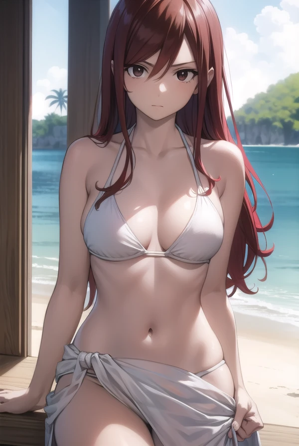 erzascarlet, <lora:erza scarlet v2-lora-nochekaiser:1>,
erza scarlet, long hair, (red hair:1.5), hair between eyes, (brown eyes:1.7),
BREAK navel, swimsuit, bikini, tattoo, white bikini, (sarong:1.5),
BREAK outdoors, beach,
BREAK looking at viewer,
BREAK <lyco:GoodHands-beta2:1>, (masterpiece:1.2), best quality, high resolution, unity 8k wallpaper, (illustration:0.8), (beautiful detailed eyes:1.6), extremely detailed face, perfect lighting, extremely detailed CG, (perfect hands, perfect anatomy),