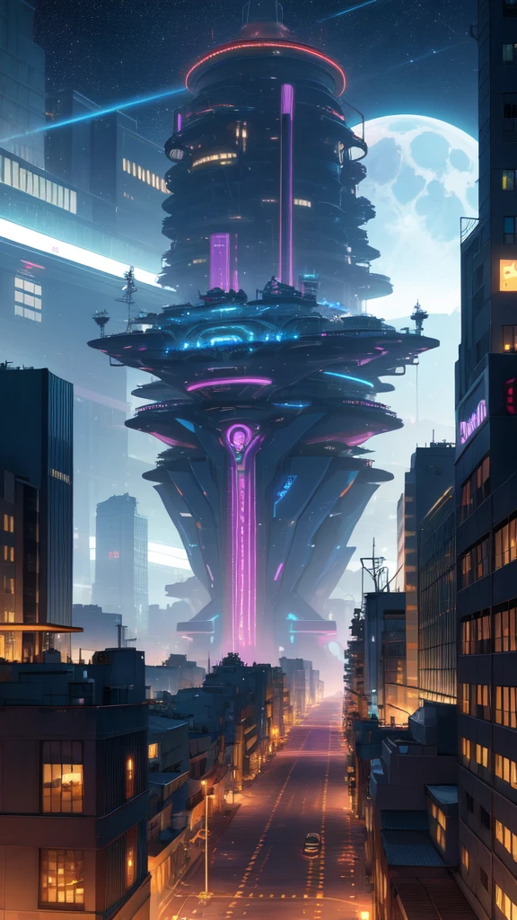 A highly detailed, cinematic concept art image of a futuristic cityscape at night. Depict a sprawling metropolis with towering skyscrapers, neon lights, and a constant stream of air traffic. Include hints of flying cars and airships seamlessly integrated into the urban landscape. Show a diverse population of humans and robots coexisting harmoniously, with holographic advertisements and digital billboards adding to the vibrant atmosphere. Envision intricate bridges and elevated walkways connecting different parts of the city, with lush rooftop gardens and urban green spaces scattered throughout. Portray a sense of technological advancement and harmony between nature and technology, with a distant view of a glowing moon and a clear starry sky above. Use a realistic painting style with vivid colors, sharp details, and an emphasis on atmospheric lighting.
