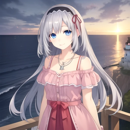 ((masterpiece)),(best quality),official art,extremely detailed CG,unity 8k wallpaper,ultra detailed,A lighthouse on a cliff by the sea,1girl,solo,upper body,looking at viewer,arusu maria,pink dress,necklace,black thighhighs,blue eyes,hairband,long hair,silver hair,smile,<lora:Arusu Maria(dal)>,<lora:TSNeptunia-000045:0.5>,