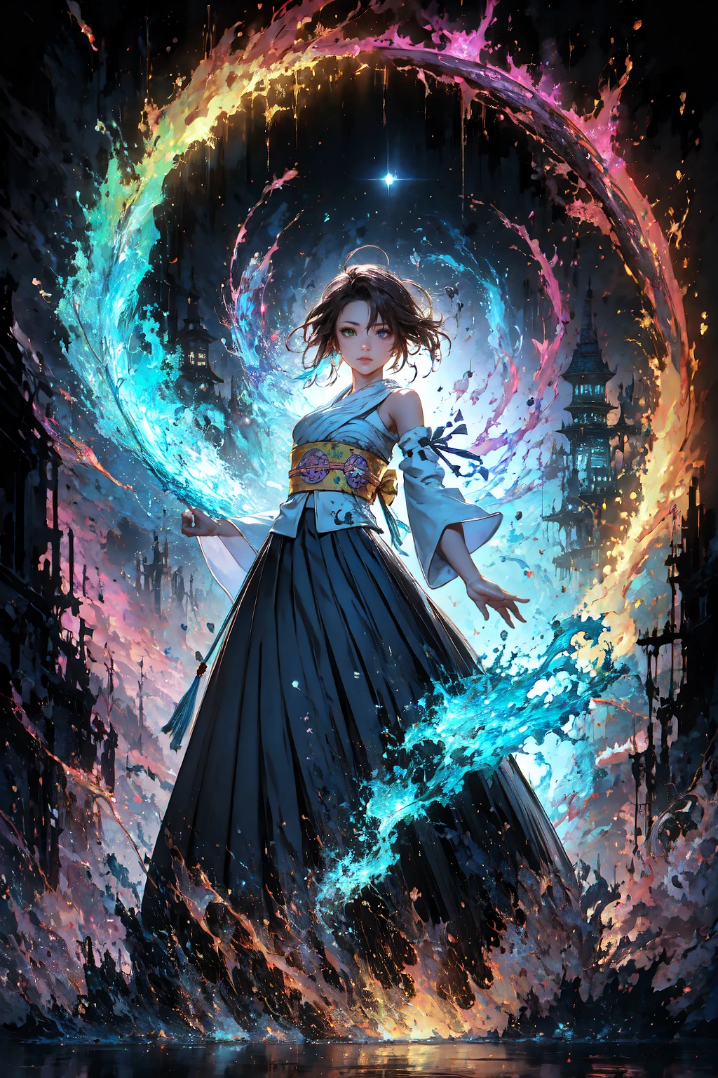 YunaX, heterochromia, detached sleeves, japanese clothes, sash, obi, hakama skirt, purple hakama, <lora:YunaV3:0.9>, night, (dark environment), <lora:Style_DarkIncursioStyle:0.75>, Embark on a color rhapsody, with swirling movements, rhythmic brushwork, and harmonious yet unpredictable color combinations that create a composition alive with visual dynamism and chaos, wrenchsfantasy, fantasy, glowing, <lora:Style_WrenchsFantasies:0.9>