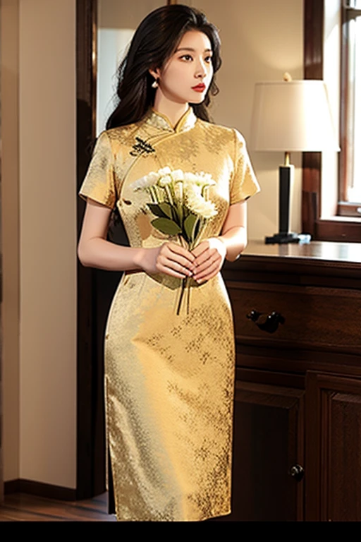 (masterpiece:1.2), best quality, masterpiece, highres, original,perfect light, 4k,8k,1girl, black hair, brown eyes, dress, holding flowers, indoors, lips, long hair, photo \(medium\), solo, standing, <lora:æè¢:0.7>