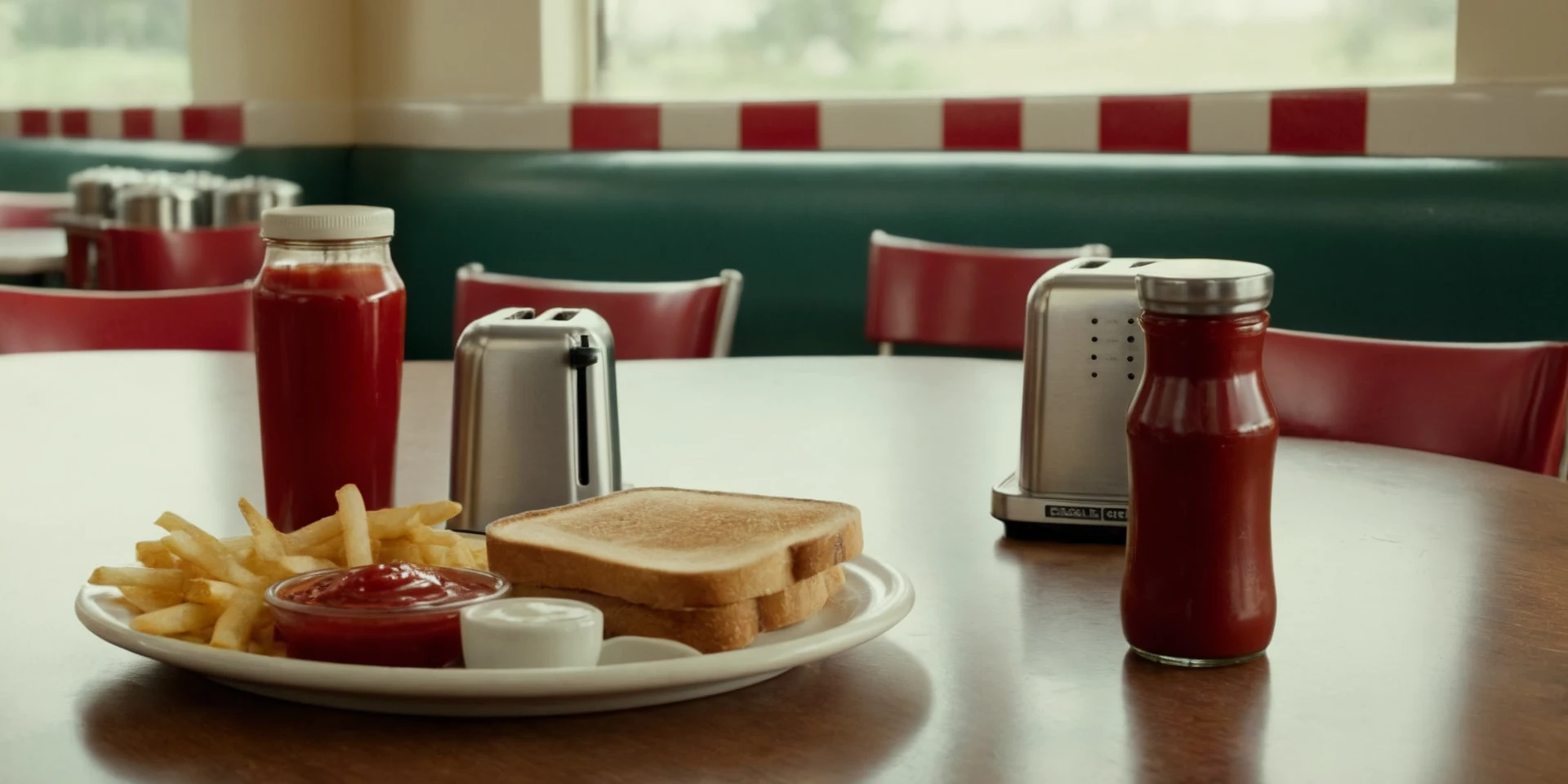 cinematic film still of <lora:Kodak Motion Picture Film Style:1.2> Kodak Motion Picture Film Style
Best Cinematography a table with a toaster, salt and pepper shakers and a ketchup bottle in a diner Kodak Motion Picture Film Style, shallow depth of field, vignette, highly detailed, high budget, bokeh, cinemascope, moody, epic, gorgeous, film grain, grainy
