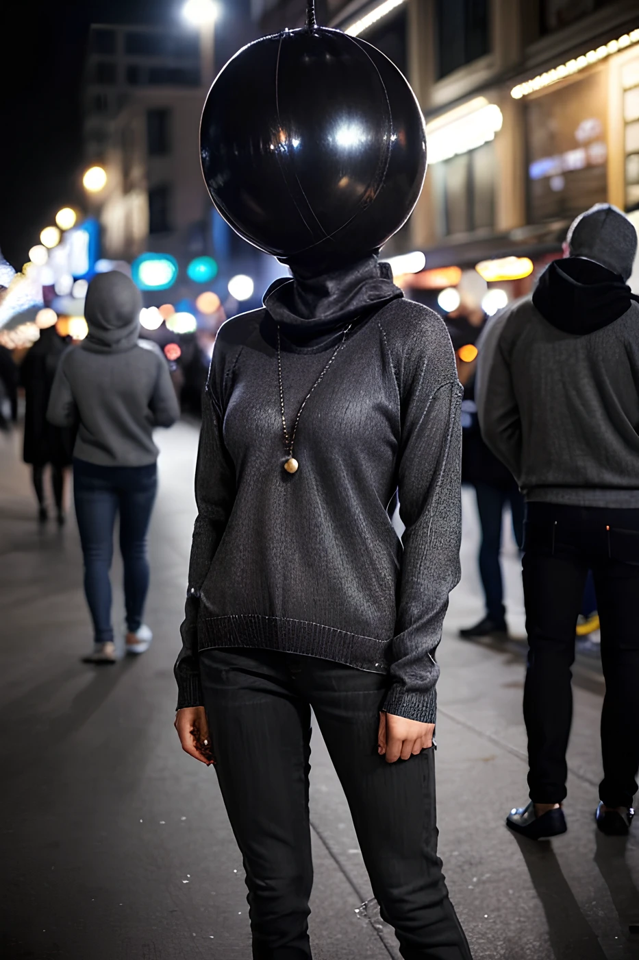 full body shot of woman wearing (shiny black ballhood:1.2) and (gray sweater and jeans:1.3), crowded street market at night, flash photo, bokeh, depth of field ,<lora:ballhoodv2:1>