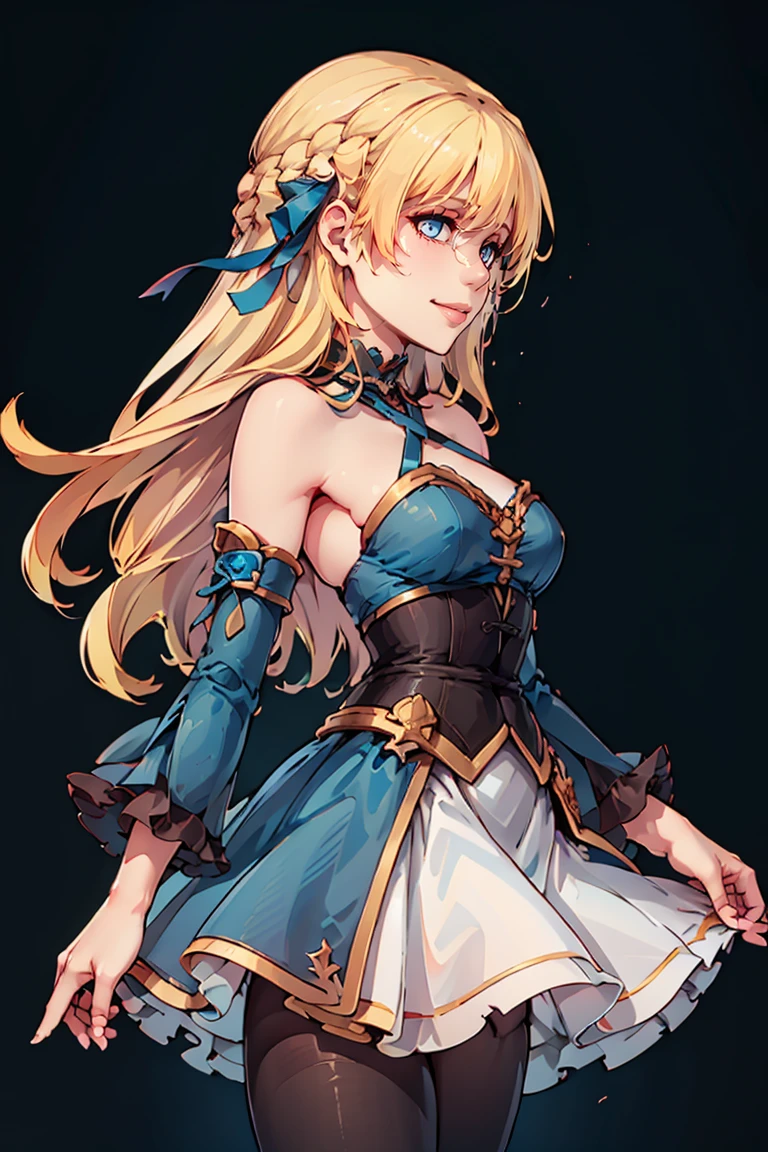 ((masterpiece,best quality)), absurdres,
<lora:Marina_Lucce_Maxetto_OC:0.8>, Marina_Lucce_Maxetto_OC, 1girl, solo, blonde, very long hair, french braid,
hair ribbon, frilled choker, criss-cross halter, sleeveless dress, high-waist skirt, blue backless dress, waist bow, detached sleeves, frilled sleeves, wide sleeves, pantyhose, blue dress, white skirt,
solo, smiling, looking at viewer, cowboy shot,
side view,